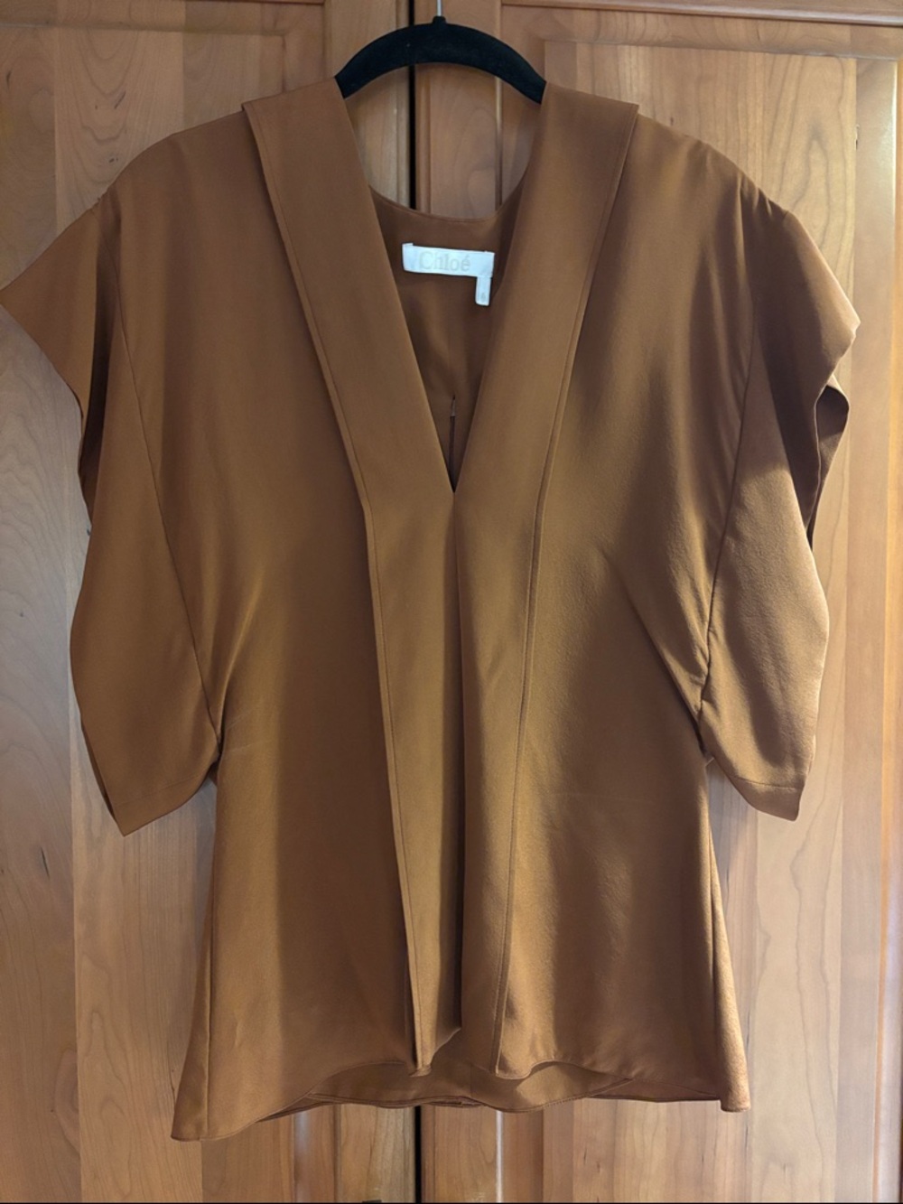 Chloe Brown Silk V-Neck Short Sleeve Blouse
